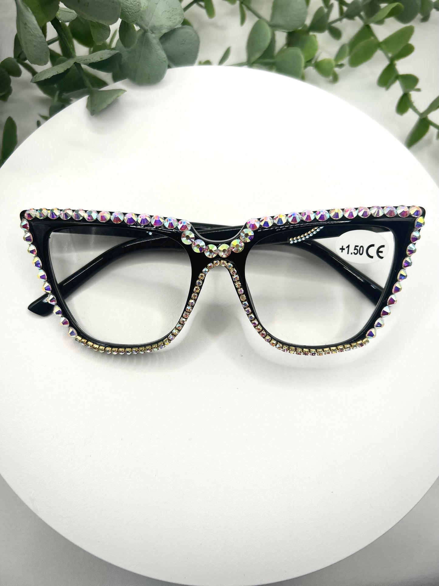 Queen Bee Glasses –Oversized Black Cat Eye Reading Rhinestone Frames 1.50 |150| Glitter Vintage 50s Pin-Up Sparkly Readers Statement Eyewear