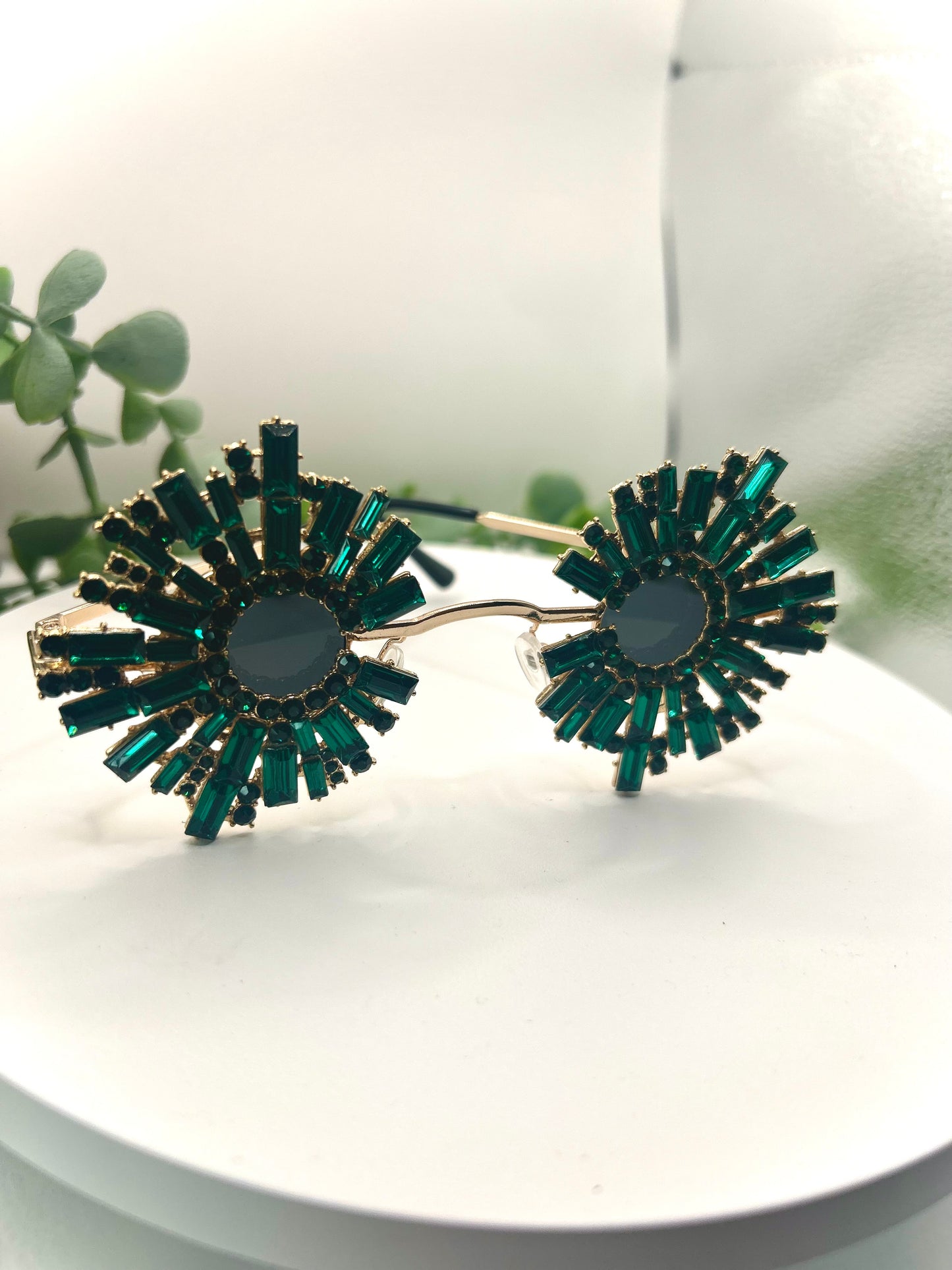 Holiday’s Glow - Sunglasses Oversized Round Jazz Festival Inspired Frames Statement Green Luxury Crystal Rhinestone Women Glasses