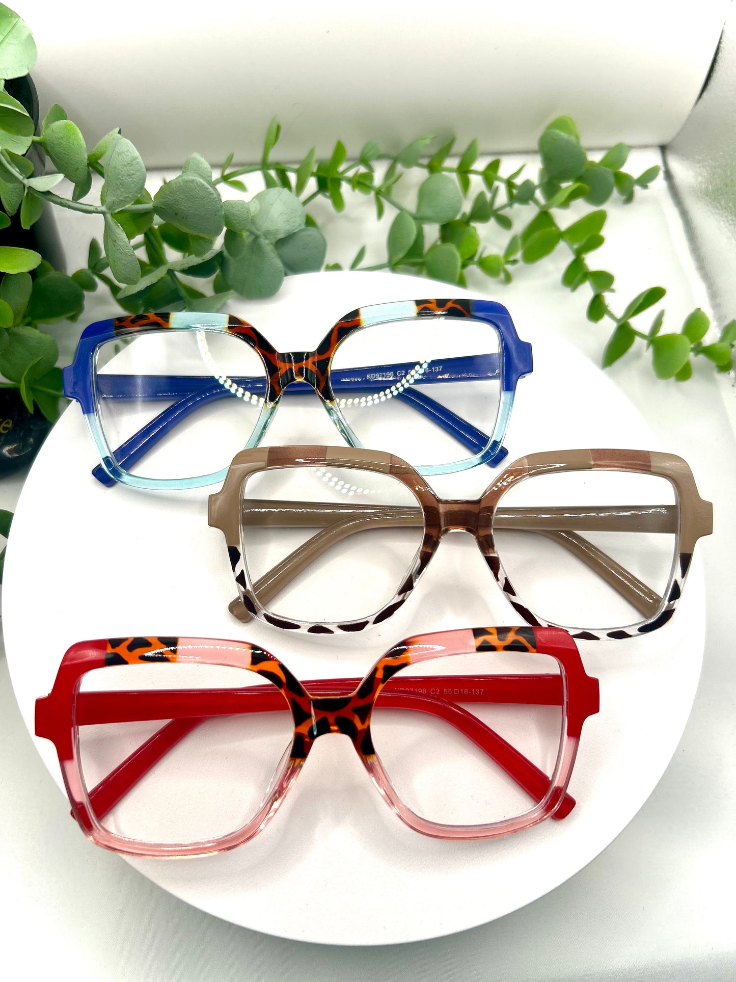 Foxy Brown-Oversized Square Leopard Accent Glasses Blue Red Taupe/Brown Bold Statement Eyewear for Women