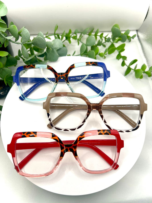 Foxy Brown-Oversized Square Leopard Accent Glasses Blue Red Taupe/Brown Bold Statement Eyewear for Women