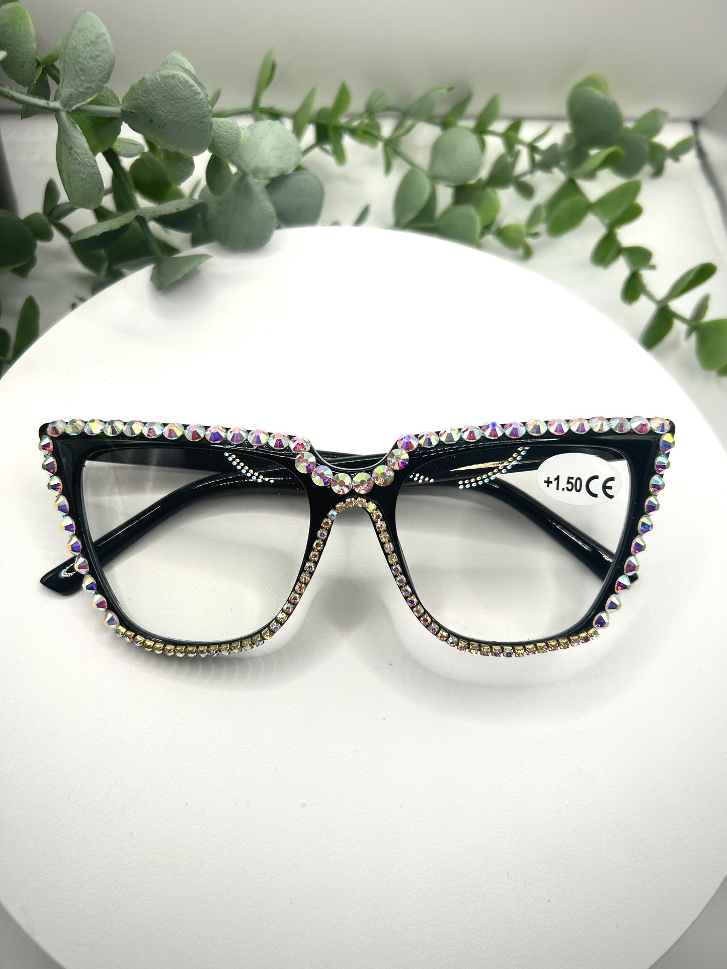 Queen Bee Glasses –Oversized Black Cat Eye Reading Rhinestone Frames 1.50 |150| Glitter Vintage 50s Pin-Up Sparkly Readers Statement Eyewear