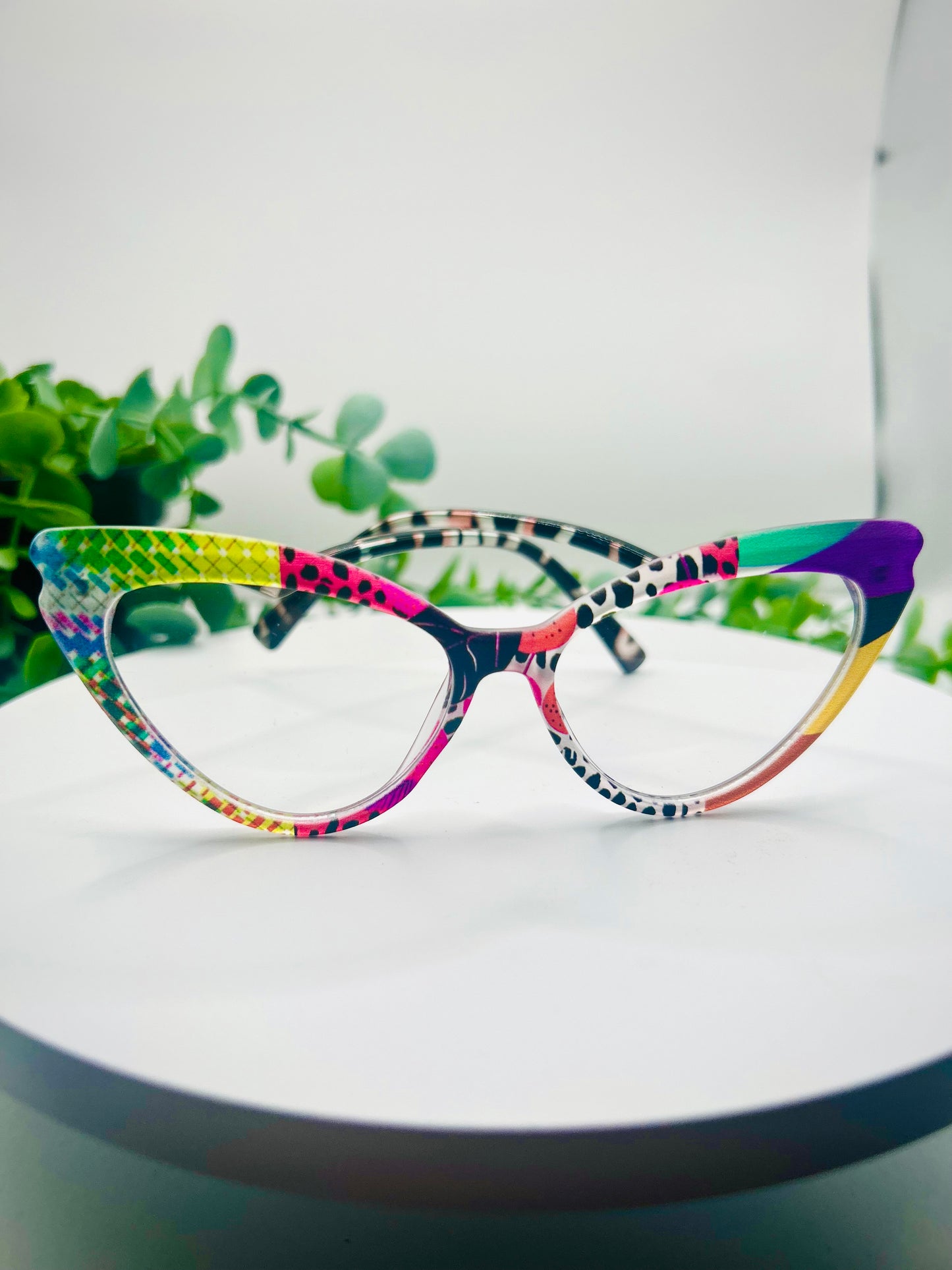 Print Me Baby Colorful Oversized Cat Eye Glasses Wild Playful Women Bold Printed Statement Eyewear Funky Non-Prescription Blue Light Glasses