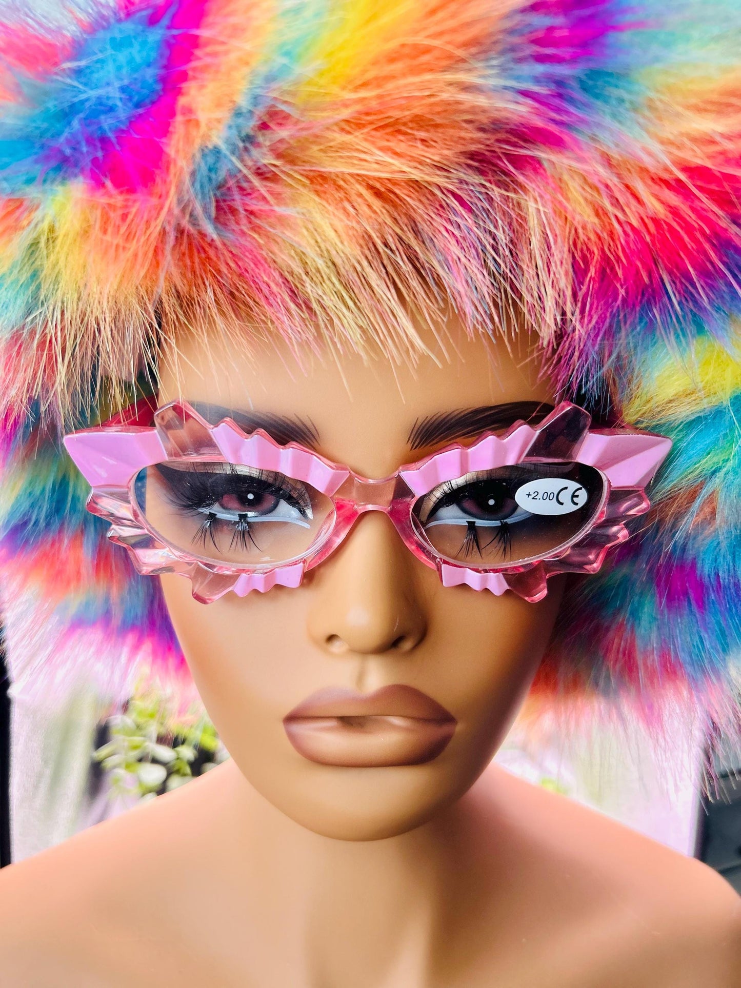(Readers)Fantasy Fairy Frames Pink & Green Cat Eye Reading Glasses 250 200 Vintage Spiked Lash Readers Oversized Vintage Style Eyewear Bold Statement