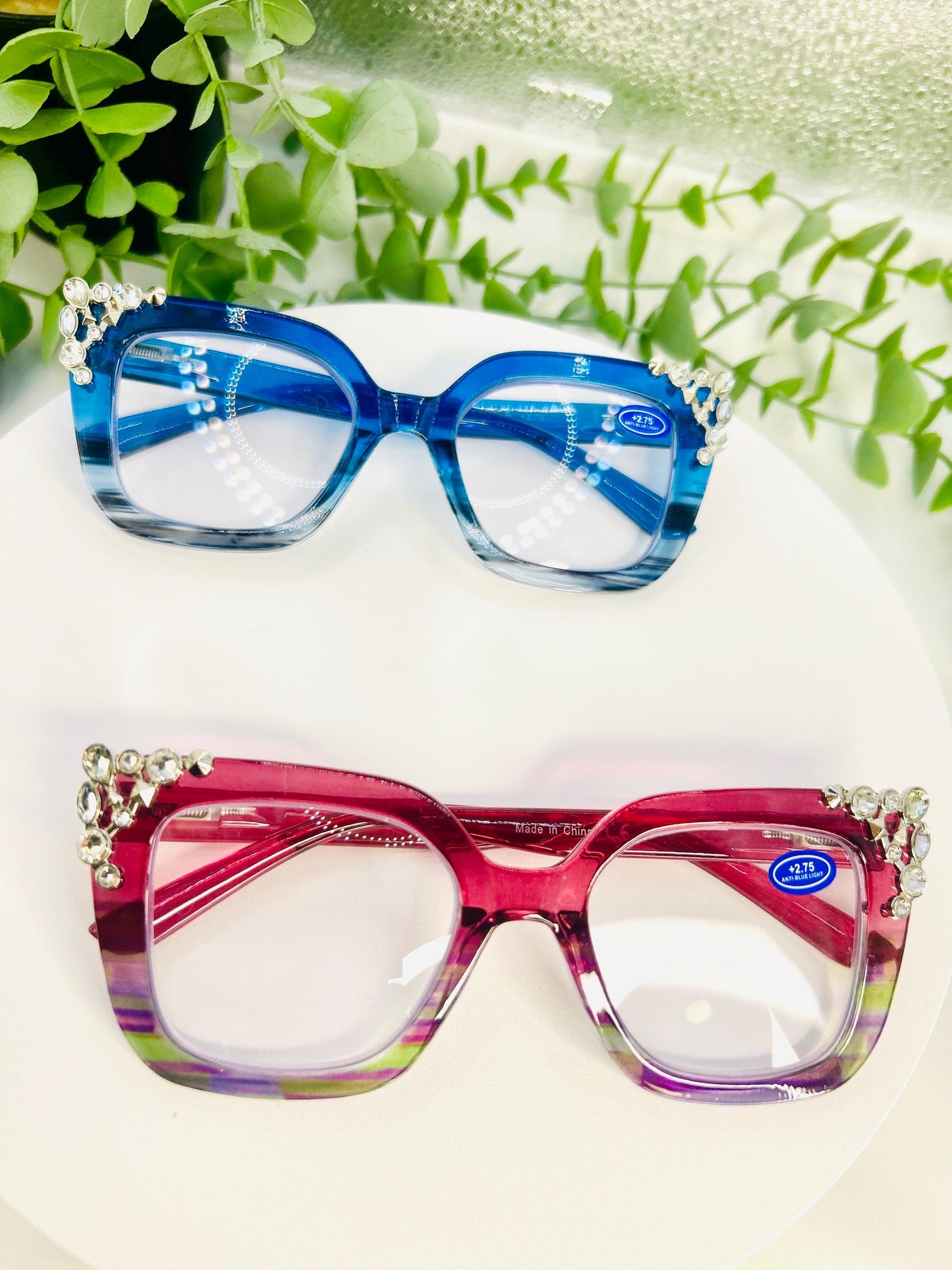 (Readers) Crystal Hustle| +2.75 Anti Blue Light Reading Glasses | Bedazzled 275 Oversized Square Frames Rhinestones Brown, Blue, Pink Glitter