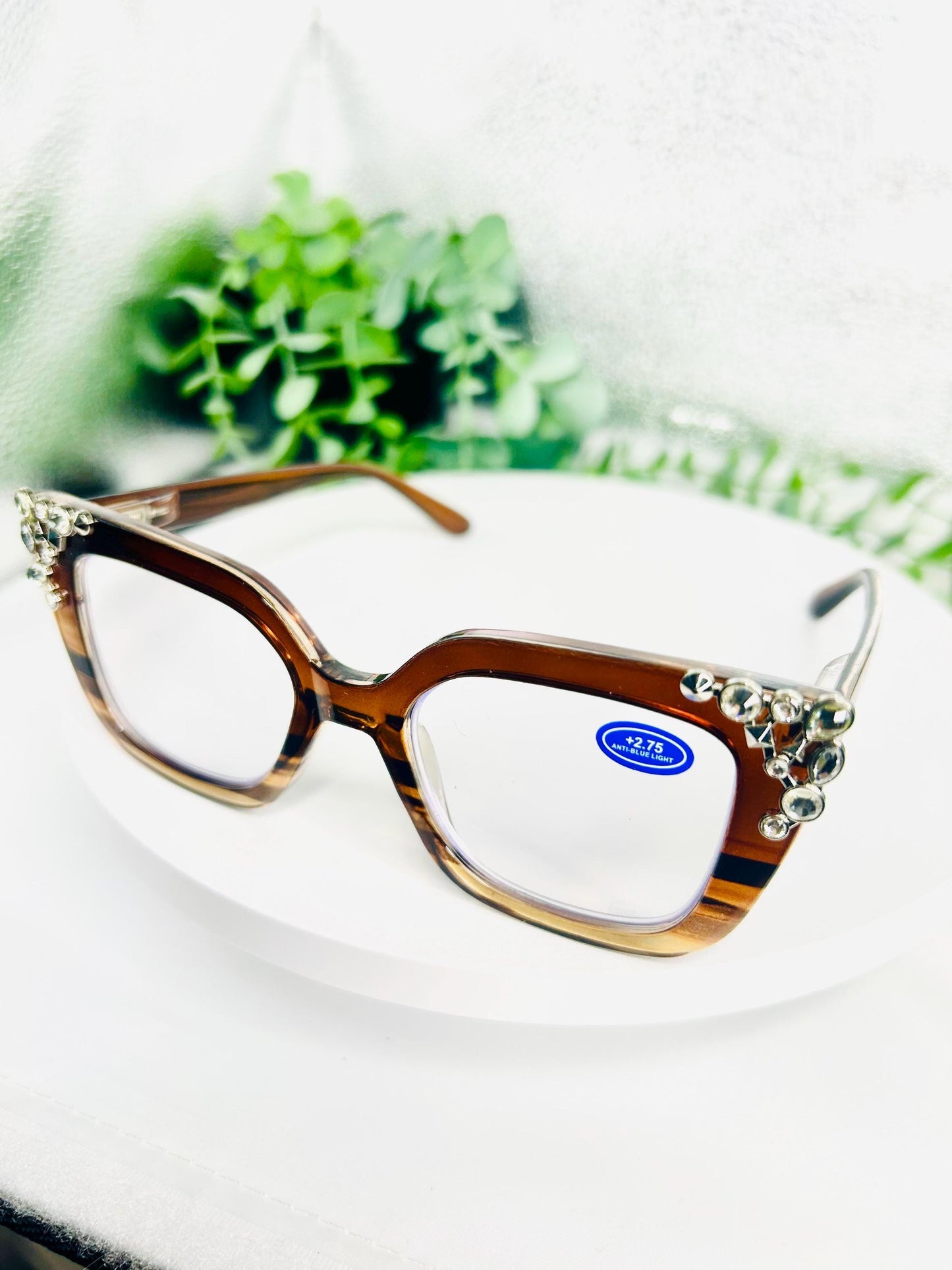 (Readers) Crystal Hustle| +2.75 Anti Blue Light Reading Glasses | Bedazzled 275 Oversized Square Frames Rhinestones Brown, Blue, Pink Glitter