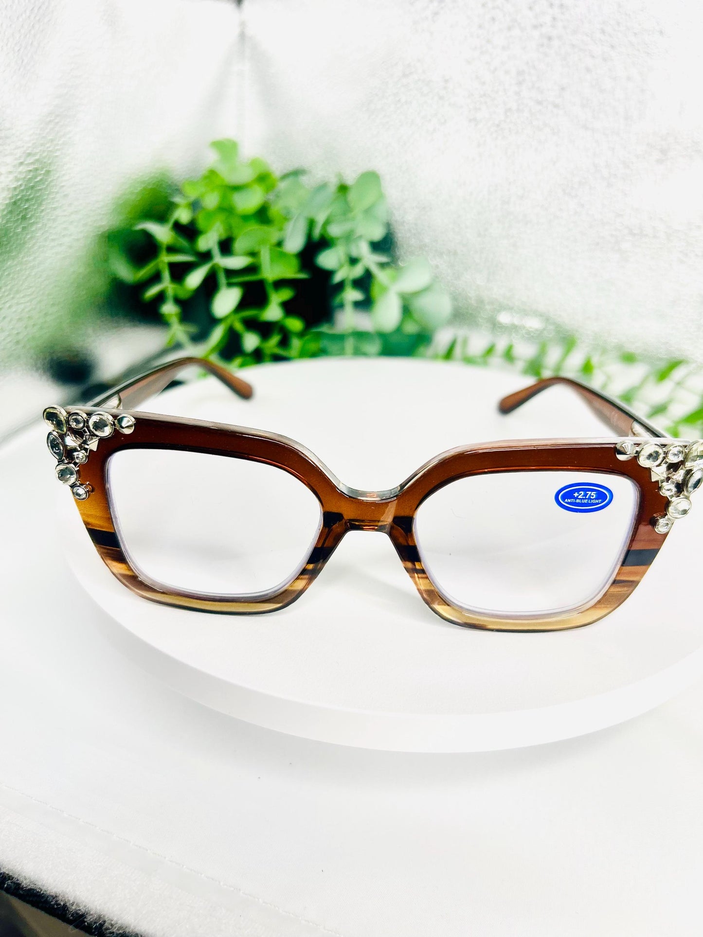 (Readers) Crystal Hustle| +2.75 Anti Blue Light Reading Glasses | Bedazzled 275 Oversized Square Frames Rhinestones Brown, Blue, Pink Glitter