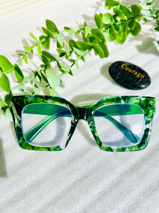Poison Ivy Frames-Oversized Tropical Island Vacation Green Palm Leaves Eyeglasses Square Trendy Y2K Summer Beach Lenses BlueLight Blocking