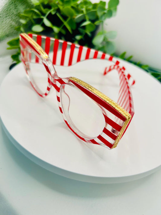 Candy Stripes Bold Oversized Square Vintage Glasses Red Stripe or Purple Houndstooth with Gold Accent Non-Prescription Fashion Eyewear