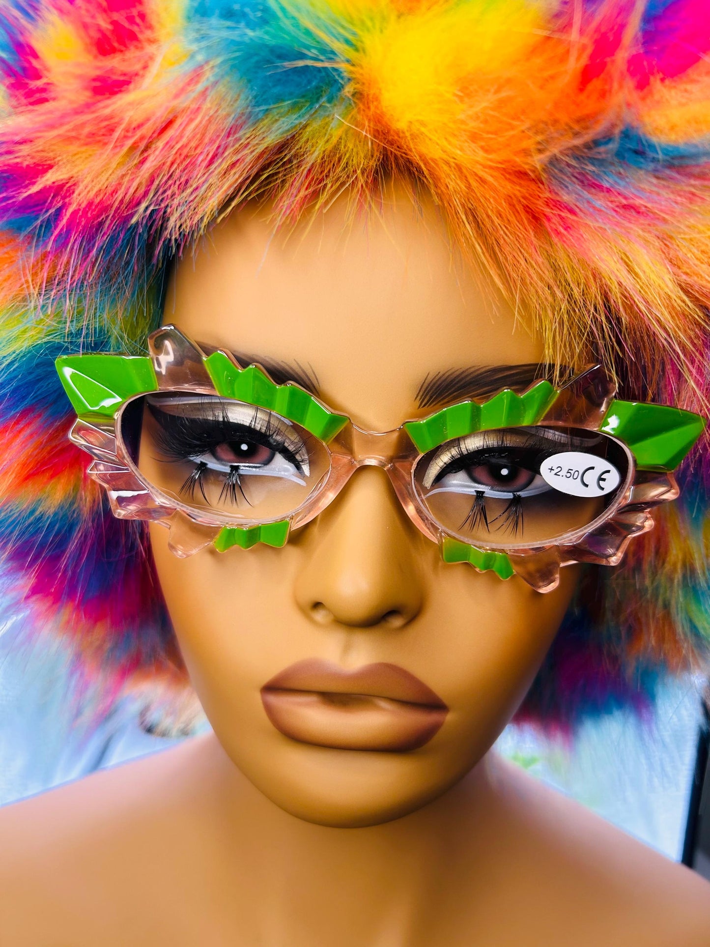 (Readers)Fantasy Fairy Frames Pink & Green Cat Eye Reading Glasses 250 200 Vintage Spiked Lash Readers Oversized Vintage Style Eyewear Bold Statement