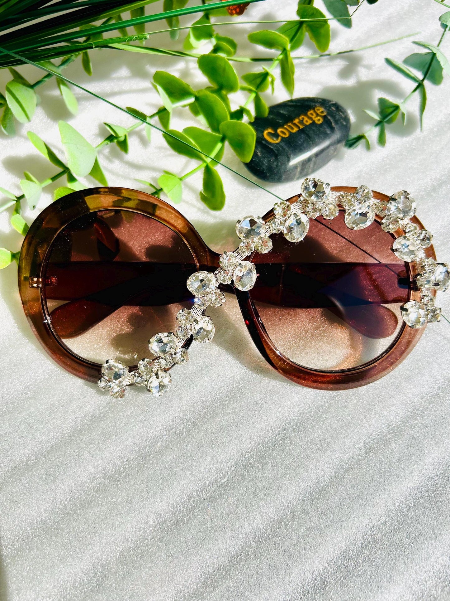 Blinged Out Shades Oversized Round Bold Brown Sunglasses Crystal Sparkle Rhinestone Luxury Frames|Trendy Summer Beach Eyewear UV Protection