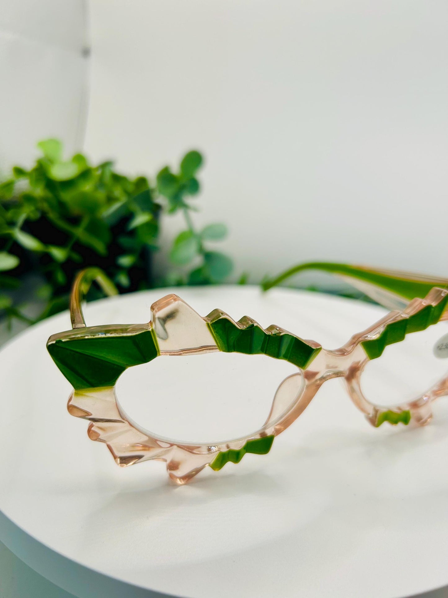 (Readers)Fantasy Fairy Frames Pink & Green Cat Eye Reading Glasses 250 200 Vintage Spiked Lash Readers Oversized Vintage Style Eyewear Bold Statement