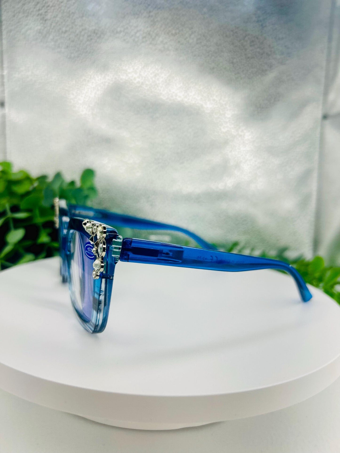 (Readers) Crystal Hustle| +2.75 Anti Blue Light Reading Glasses | Bedazzled 275 Oversized Square Frames Rhinestones Brown, Blue, Pink Glitter
