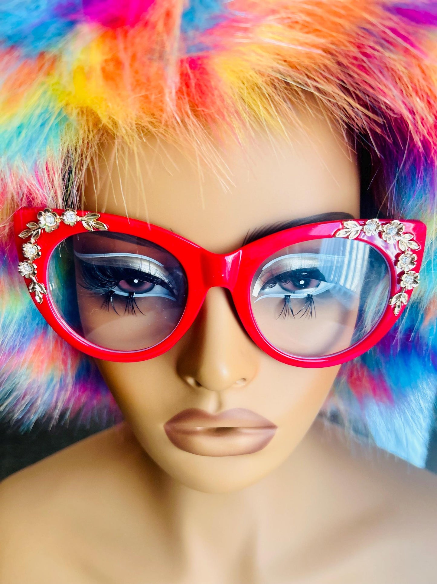 Cherry on Top | Oversized Cat Eye Blue Light Red Glasses with Gold Floral Detail – Bold Non-Prescription Statement Eyewear Unique Bad Girls
