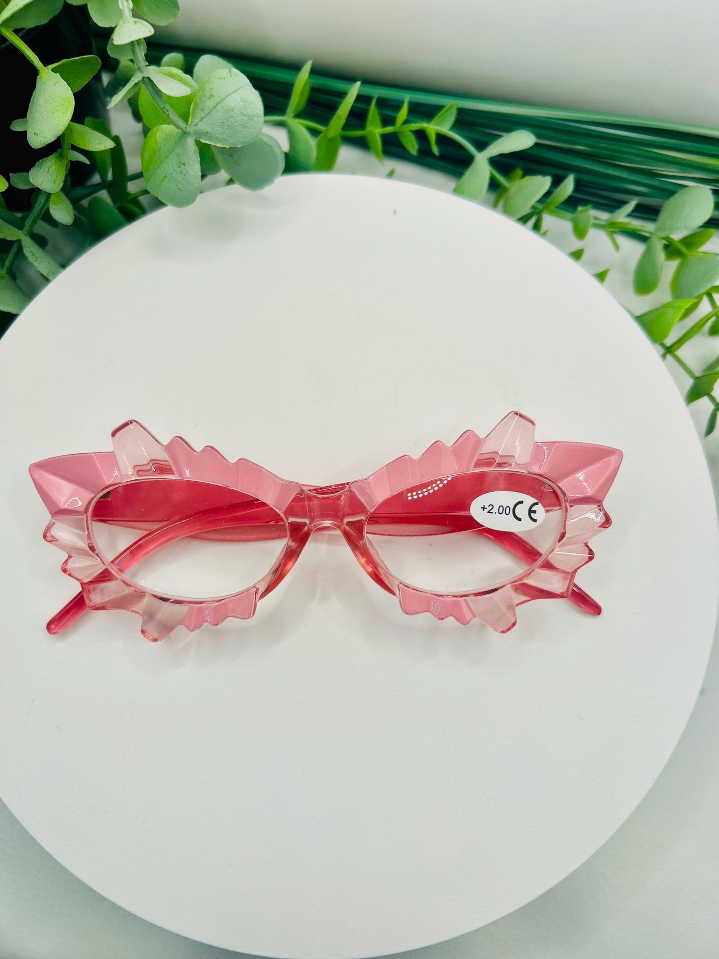 (Readers)Fantasy Fairy Frames Pink & Green Cat Eye Reading Glasses 250 200 Vintage Spiked Lash Readers Oversized Vintage Style Eyewear Bold Statement