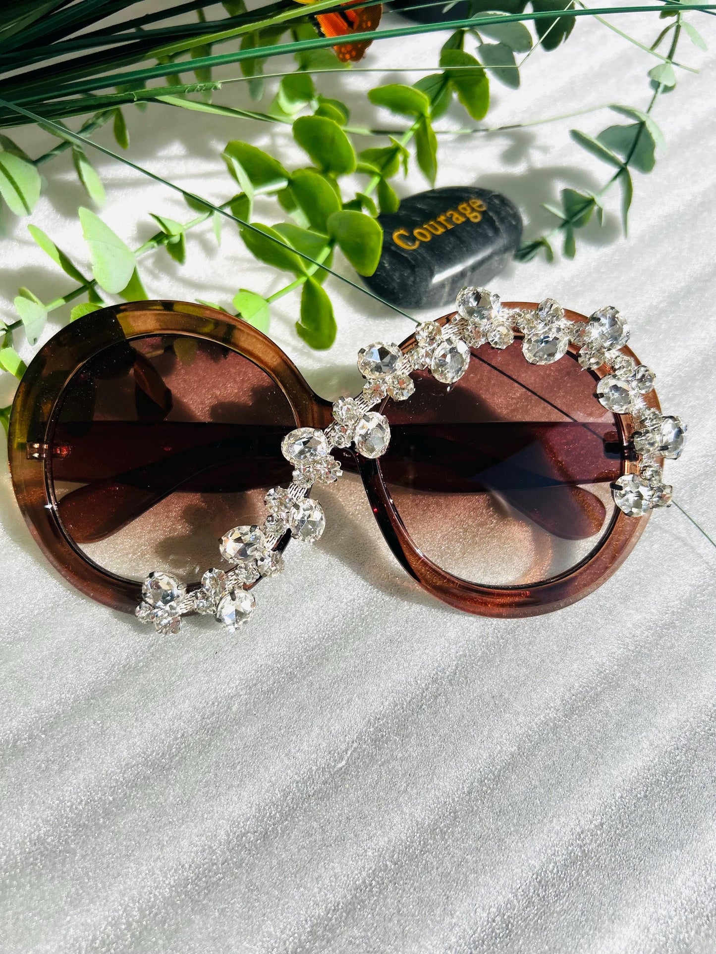 Blinged Out Shades Oversized Round Bold Brown Sunglasses Crystal Sparkle Rhinestone Luxury Frames|Trendy Summer Beach Eyewear UV Protection