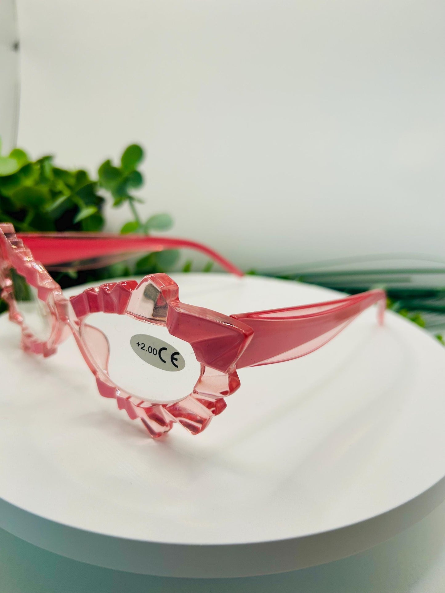 (Readers)Fantasy Fairy Frames Pink & Green Cat Eye Reading Glasses 250 200 Vintage Spiked Lash Readers Oversized Vintage Style Eyewear Bold Statement
